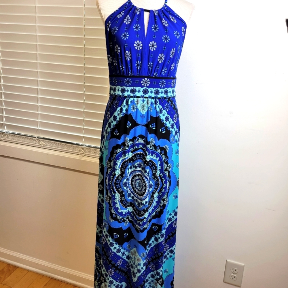 B. Calm floral scarf dress high neck maxi watercolor patch quilt sleveless